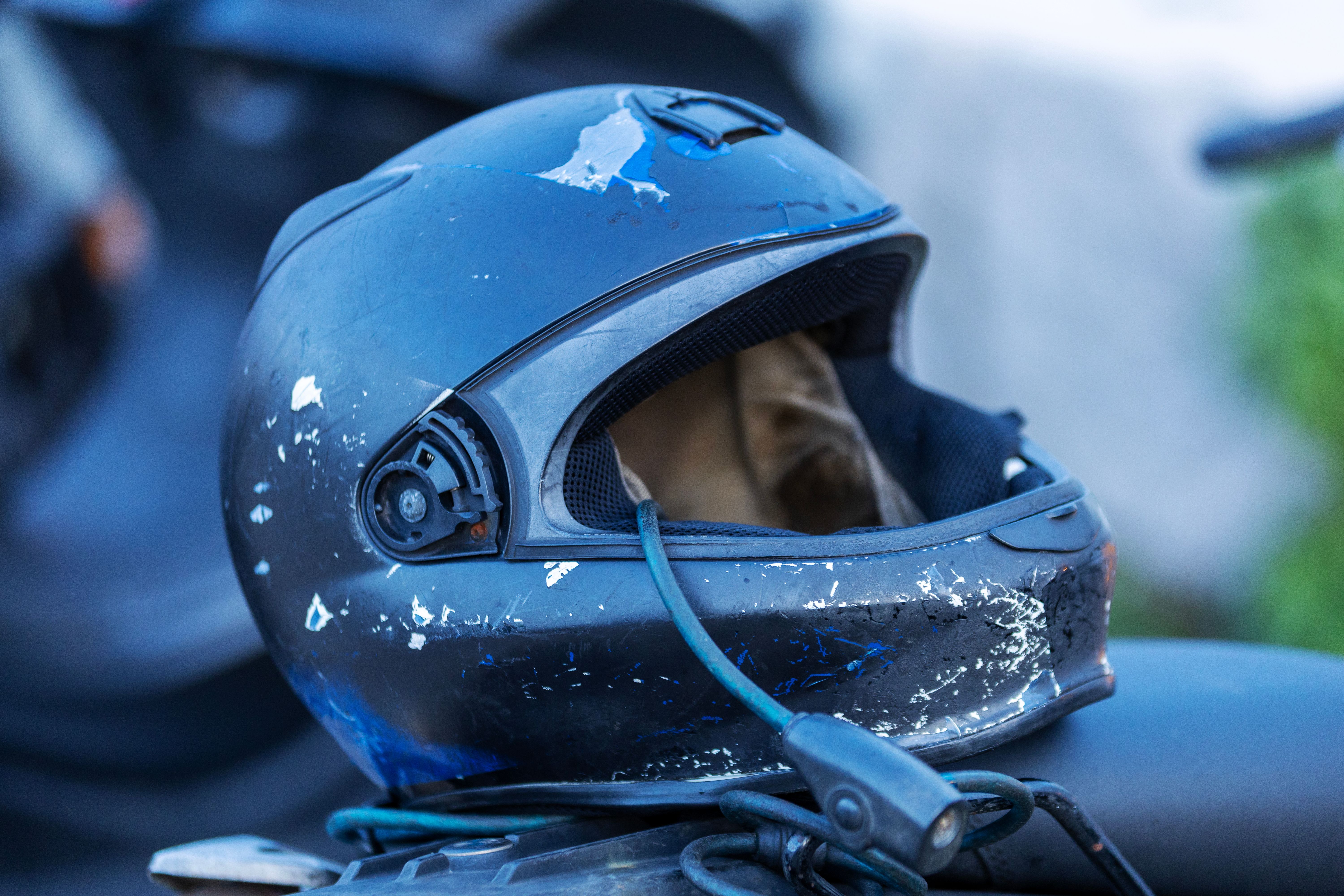 Close-up of a rugged motorcycle helmet showing its protective shell