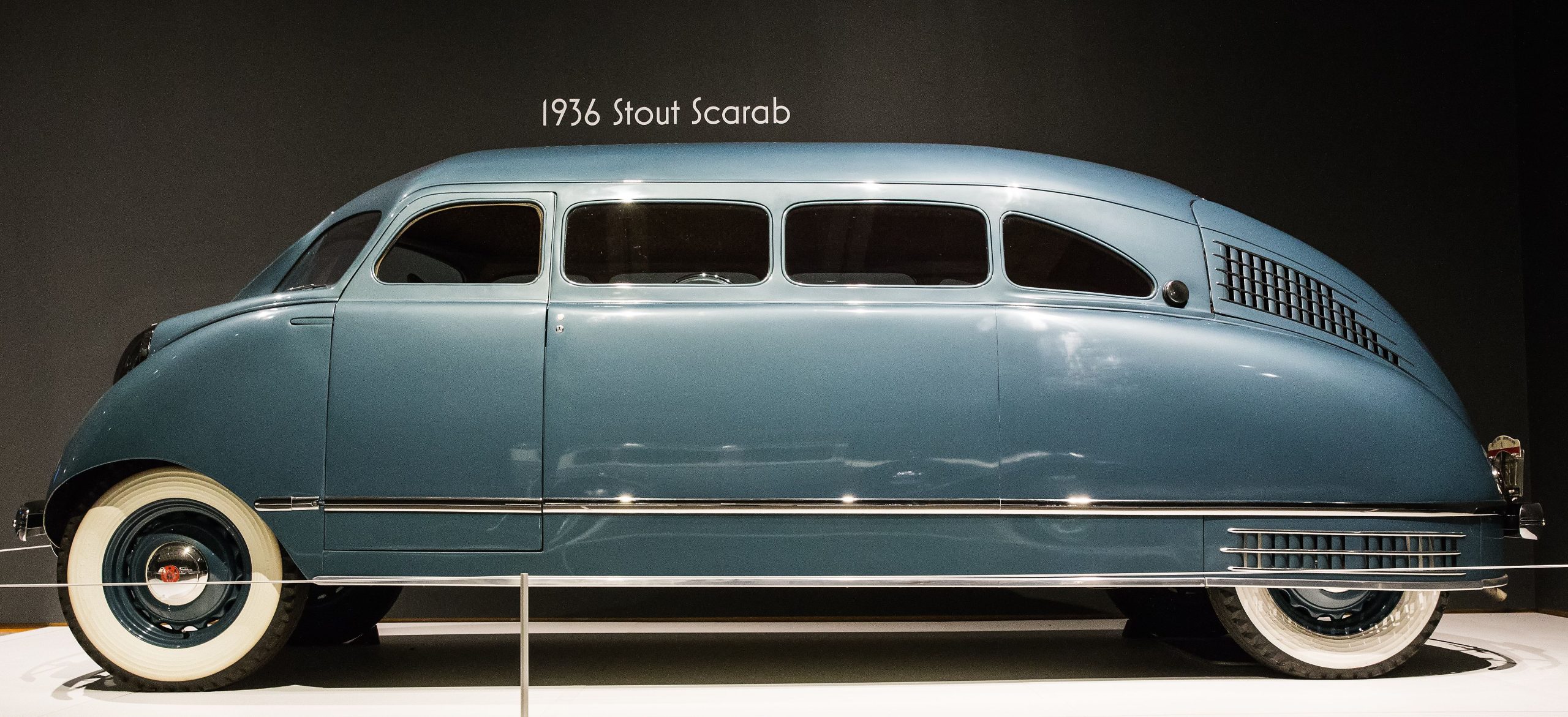 Side view of the 1936 Stout Scarab, an early streamlined vehicle often described as a forerunner of the minivan.